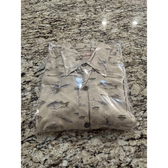 Woolrich Shirt Mens LGE Beige Fishing Print Short‎ Sleeve Button Down Outdoor - Picture 8 of 8